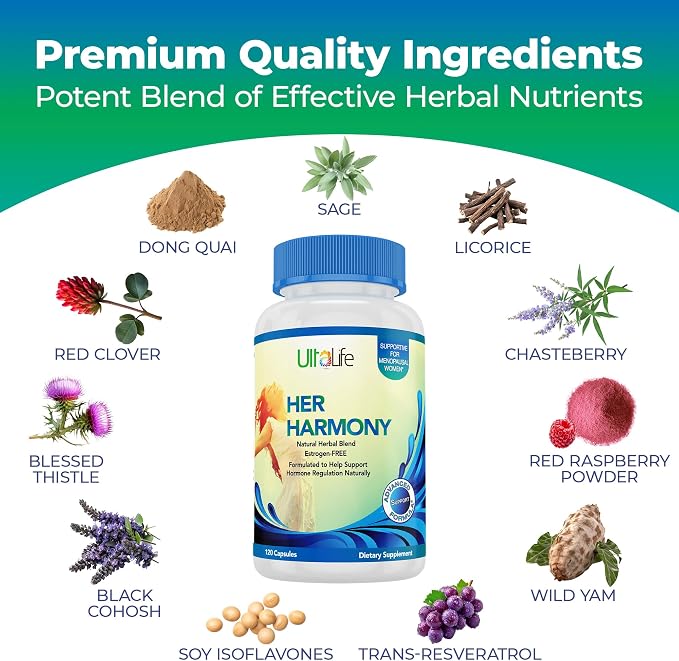 UltaLife Her Harmony Menopause Supplements for Women - Hot Flashes Menopause Relief & Hormone Balance for Women - Contains Black Cohosh, Dong Quai, Red Clover & More - Estrogen Free - 120 Capsules