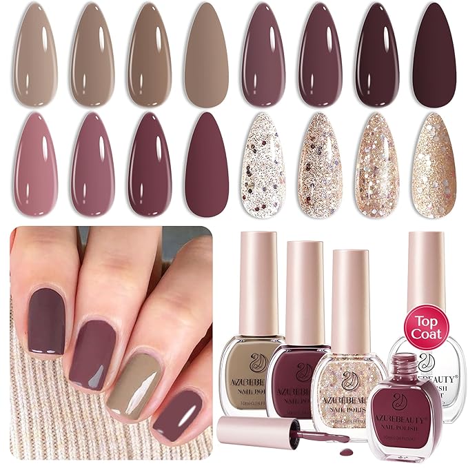 AZUREBEAUTY Nail Polish Set 4 Colors Nude Purple Glitter Nail Polish Quick Dry Natural Nail Lacquer Fingernail with Top Coat DIY Salon Home