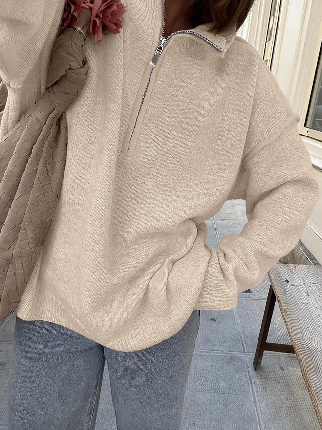 ANRABESS Womens Quarter Zip Sweaters Fall Long Sleeve V Neck Shirts Collared Business Casual Tops Knit Pullover Sweatshirts