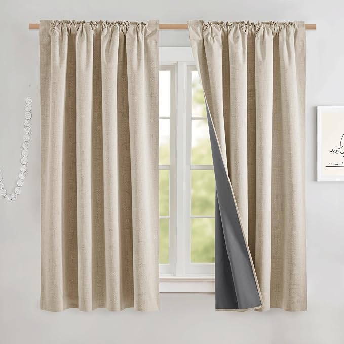 NICETOWN 100% Black Out Curtains 48 inch Long, Thermal Insulated & Noise Reducing Window Draperies with Grey Liner, Linen Blend Short Drapes for Kids' Room (52" W by 48" L, 2 Panels, Beige)