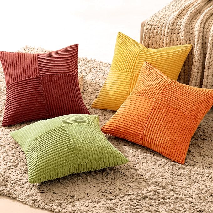 MIULEE Fall Burnt Orange Decorative Throw Pillow Covers 20x20 Inch Set of 4 Boho Color-Clash Cushion Covers Modern Farmhouse Pillow Cases Corduroy Striped Home Decor for Couch Sofa Bed