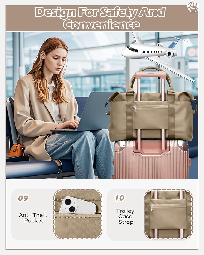 Travel Duffel Bags for Women Mens Waterproof Weekender Carry on Bag Sports Gym Bag Travel Tote Bags with Wet Pocket Overnight Bag Workout Duffel Bags with Trolley Sleeve Khaki