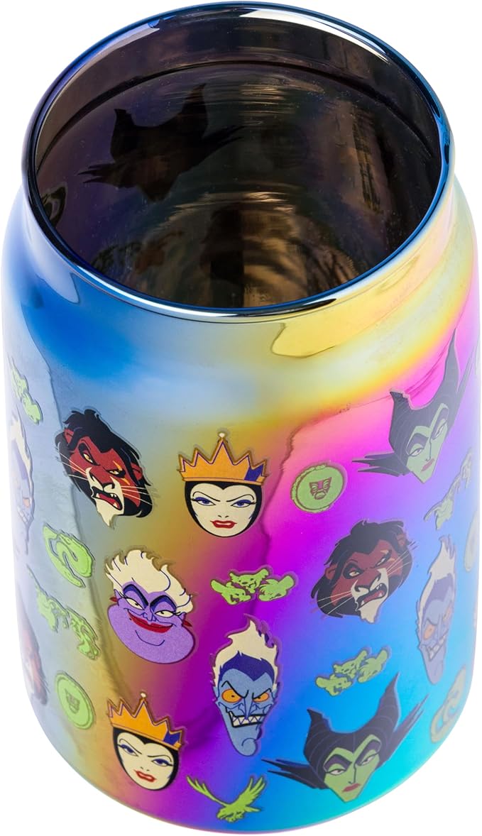 Silver Buffalo Disney Villains Electroplate Chrome Glass Tumbler with Bamboo Lid and Glass Straw Featuring Scar, Maleficent, Ursula, Evil Queen, and Hades, 16 Ounces