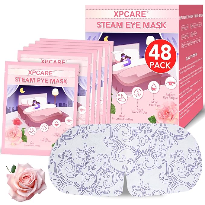 XPCARE 48 Pack Steam Eye Masks for Dry Eyes, Self Heated Steam Warm Eye Mask, Disposable Heated Eye Mask for Dark Circles, Puffy Eyes, Relief Stress Eye Fatigue（Rose）