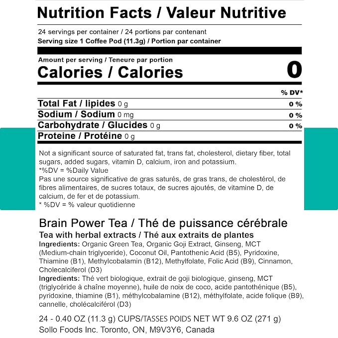 SOLLO Brain Power Organic Green Tea Pods with MCT, Acai & Essential nutrition, Nootropic Brain Booster- Improves Memory & Focus Compatible with 2.0 K-Cup Keurig Brewers, 24 Ct
