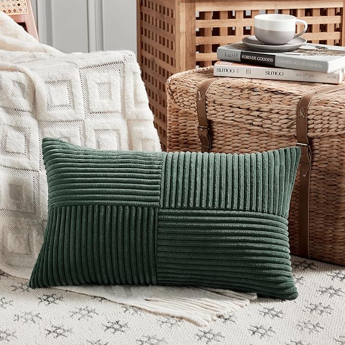 Fancy Homi Set of 2 Dark Green Lumbar Decorative Throw Pillow Covers 12x20 Inch for Living Room Couch Bed, Boho Farmhouse Forest Green Home Decor, Soft Corduroy Corss Patchwork Cushion Case