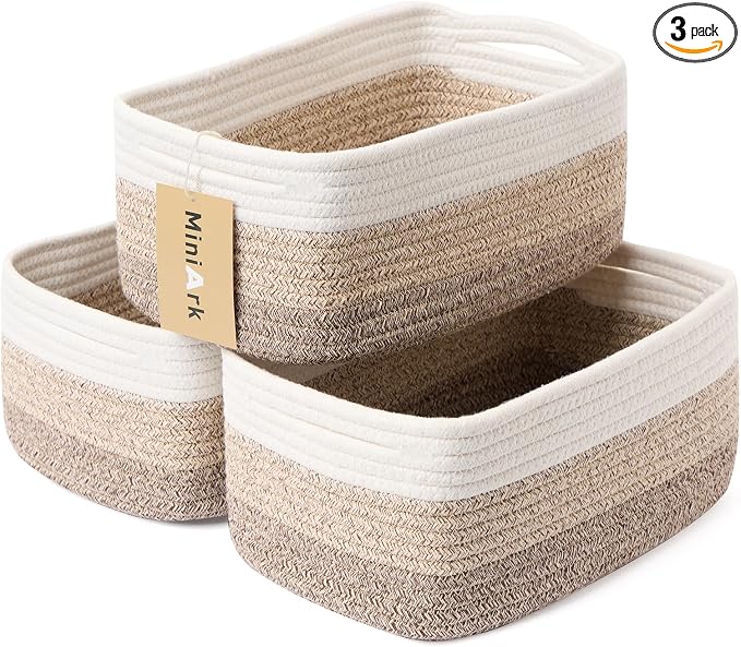 MiniArk Small Storage Baskets for Organizing | Closet Organizer Bins | Shelf Toy Basket | Woven Rope Baskets | Cube Decorative Box | Shallow Basket | 13x8.5x5.1” | 3 Packs Gradient Brown