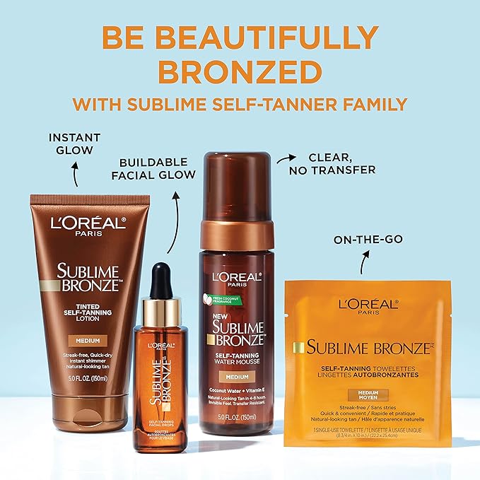 L'Oreal Paris Sublime Bronze Self Tanning Towelettes, Streak-Free, Natural Looking Tan, 6 ct