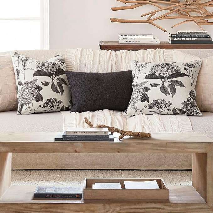 Foindtower Set of 2 Linen Floral Vintage Throw Pillow Covers Neutral Accent Print Decorative Cushion Covers Farmhouse Boho Home Decor for Sofa Chair Couch Bedroom Living Room,24×24 Inch,Black