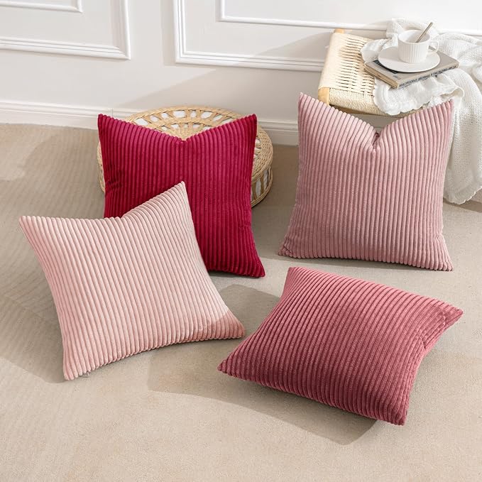 MIULEE Soft Corduroy Decorative Throw Pillow Covers Pink Series 20x20 | Set of 4, Shabby Chic Romantic Decor, Warm Red Pink Palette, Boho Farmhouse Cushion Covers for Couch Bed Sofa Living Room