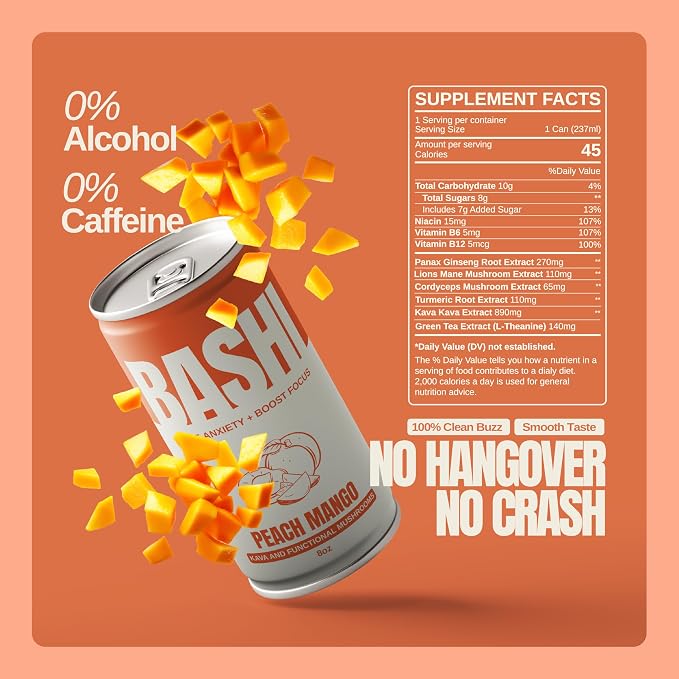 Bashi - Kava Drink Experience - 890MG of Kava, Alcohol Alternative, Natural Relaxation & Stress Relief - Plant-Based Kava Extract - Non-Alcoholic, Caffeine Free - Peach Mango 8oz - 6 Pack