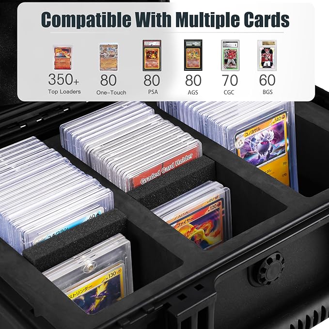 QINGUANG Graded Card Storage Box 3 Rows,Trading Card Case with 6 Foam Dividers, Waterproof PSA Slab Case for PSA/CSG/CGC/BGS Top Loaders Sports Cards