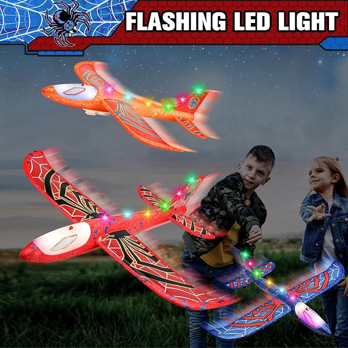 Fuwidvia 3 Pack Airplane Launcher Toys, 13.2'' Spider LED Foam Glider Catapult Plane Toy for Boys, 2 Flight Modes Outdoor Flying Toys Birthday Gifts for Boys Girls 4 5 6 7 8 9 10 11 12 Year Old