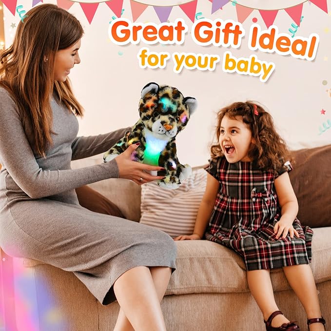 BSTAOFY 10’’ Light up Cheetah Stuffed Animal, Plush LED Leopard Plush Night Light, Companion Bedtime Jungle Toys Glow Afraid of Dark, Valentines Birthday for Toddler Kids Boys