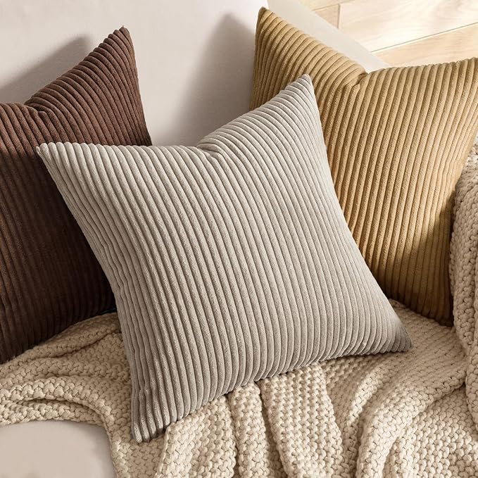 MIULEE Decorative Corduroy Throw Pillow Covers Set of 2 16x16 Khaki | Soft Striped Textured Cushion Cases, Boho Rustic Square Pillowcases for Home Decor, for Couch Chair Sofa Bed Living Room