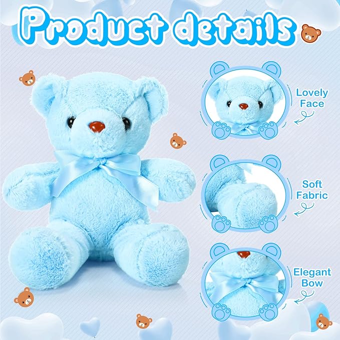 Aoriher 6 Pcs Bear Stuffed Animal Bulk Baby Shower Bear Plush Toys Soft Cute Sleeping and Playing Decorations for Kids Back to School Gift Baby Shower Birthday Party Favor(Blue)