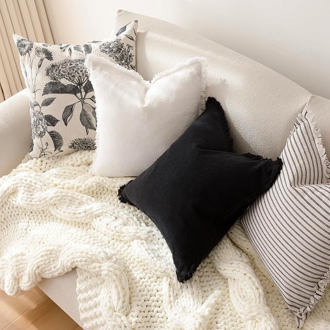 Foindtower Set of 2 Decorative Linen Fringe Throw Pillow Covers Cozy Boho Farmhouse Cushion Cover with Tassels Soft Accent Pillowcase for Couch Sofa Bed Living Room Home Decor, 16×16 Inch, Black