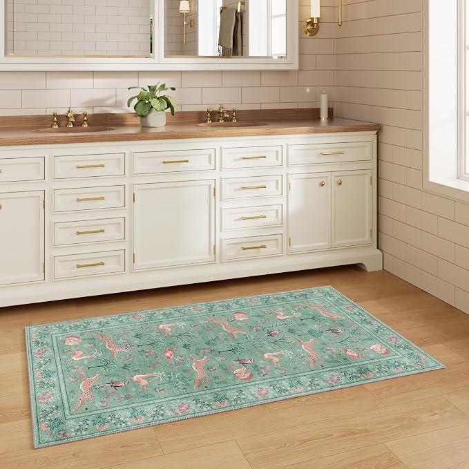 DUKINO 2x4 Rug for Entryway, Animal Washable Runner Rug for Kitchen, Teal | Non Slip, Low Pile, Stain Resistant Thin Indoor Carpet for Hallway, Bedroom, Bathroom, Laundry, Pet Friendly, Non-Shedding