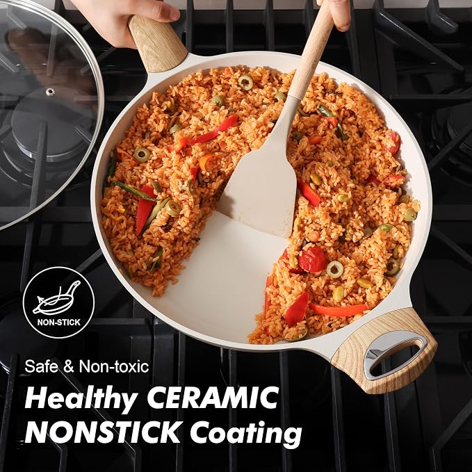 SENSARTE 12.5inch Ceramic Nonstick Frying Pan Skillet with Lid, Taupe | Non Stick Omelet Pans, Non-toxic Healthy Kitchen Cooking Chefs Pan, PFOA/PFAS/PTFE Free, Induction Compatible
