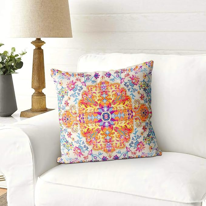 Snycler Orange Blue Ethnic Boho Pillow Covers 16x16 in Boho Carpet Cream Coral Floral Decorative Couch Pillow Cases with Zipper Set of 2 Home Decor for Living Room Bedroom Bed Cushion Outdoor