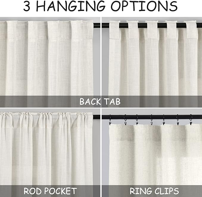 Linen Cream Curtains 138 Inch Extra Long for Living Room Back Tab Light Filtering Semi Sheer Drapes Modern Farmhouse Coastal Decor Cotton Textured Curtain for Floor to Ceiling Window 52x138