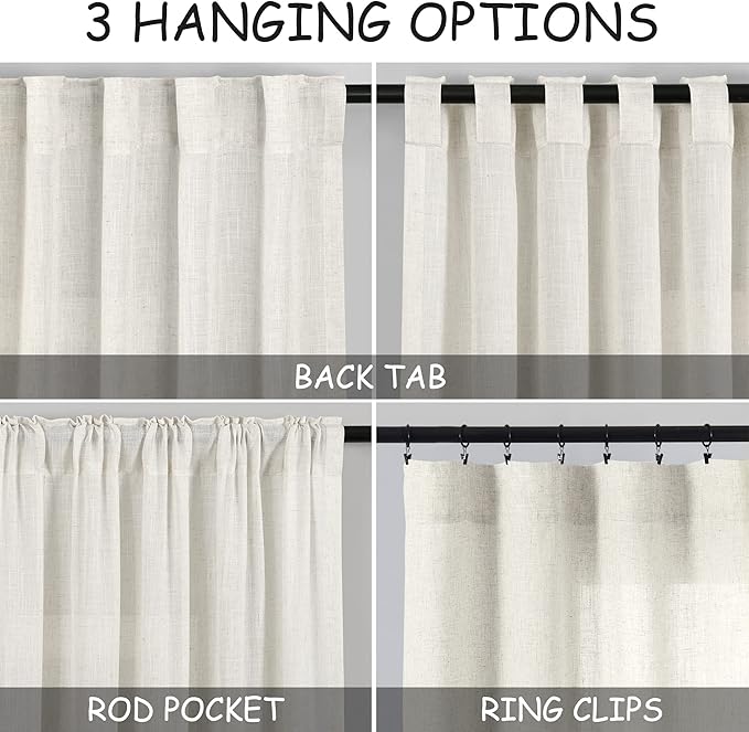 Cream Kitchen Cafe Linen Curtains 49 Inch Length 2 Panel Set Back Tab Pocket Semi Sheer Light Filtering Short Curtain Natural Farmhosue Small Curtains for Basement Window Bathroom Living Room 52x49
