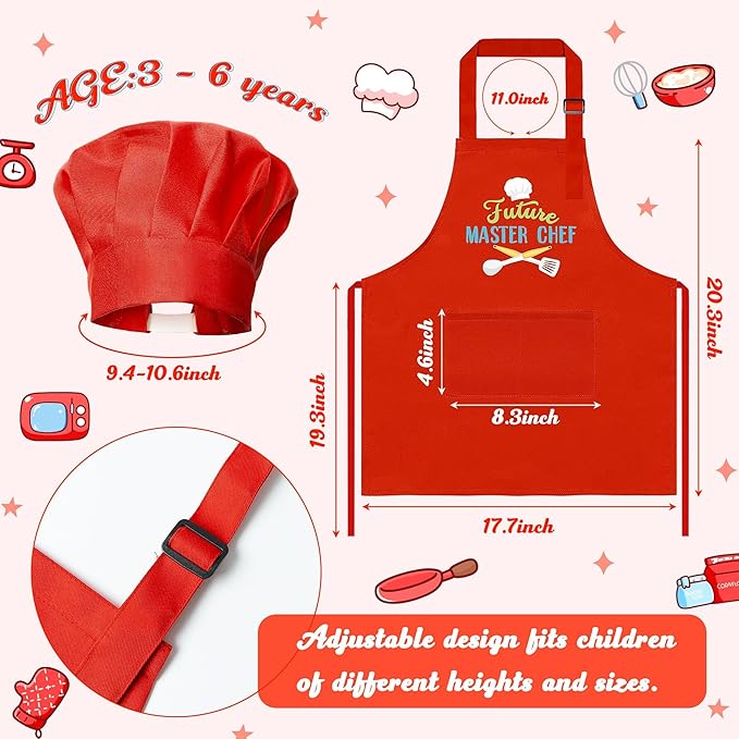 R HORSE 2Pcs Kid Apron and Chef Hat Set, Adjustable Children Red Kitchen Toddler Apron for Girls, Cooking Baking Painting and Training Kits Role Play Chef Toy Funny Cooking Gift Birthday Gift for Kids