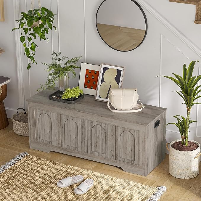 Storage Chest, Wooden Toy Box, Gray Wash 47.2" L | Entryway Shoe Bench, 2 Soft-close Hinges, Finger-safe Flip-Top Lid, Easy Assembly, Farmhouse Large Trunk, Living Room/Bedroom