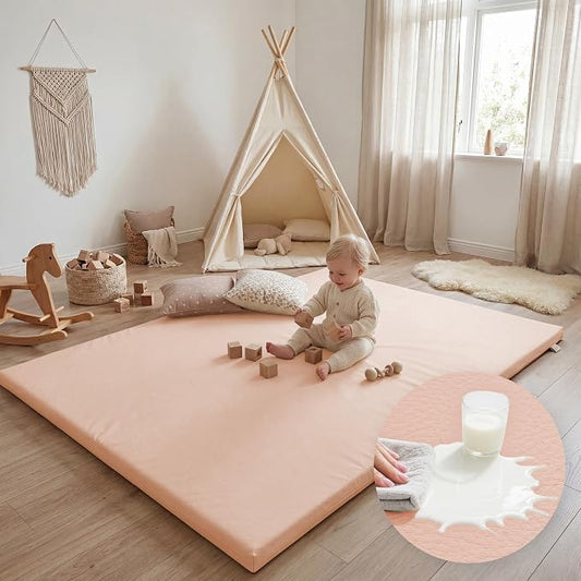 Huloo Sleep Baby Play Mat 65x50 Inches, 1.3" Thick Padded Waterproof Floor Cushion & Playpen Mat with Vegan Leather, Non-Slip & Non-Toxic Nursery Rug for Infants, Toddlers & Kids(Pink)