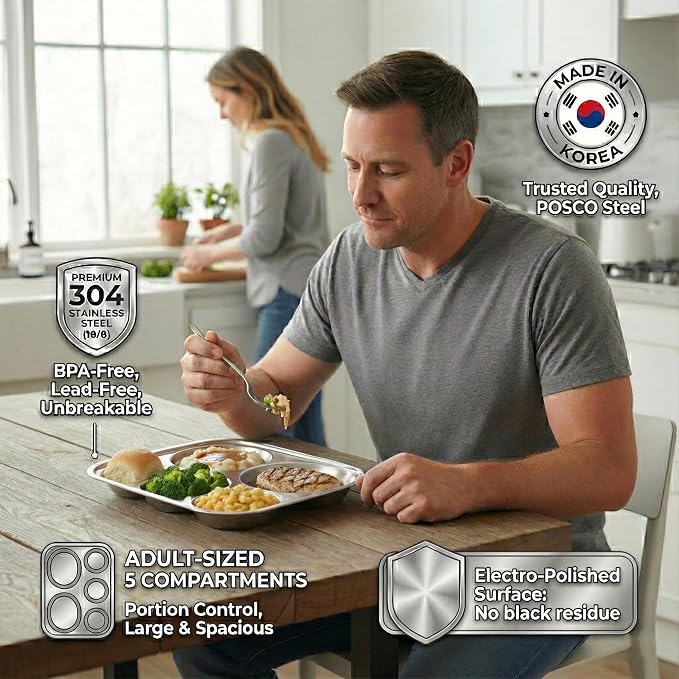 Korean Stainless Steel Large Divided Plates for Adults & Teens 2-Pack | Premium 304 electro-polished stainless steel, no black residue, BPA-free large tray for diet portion control