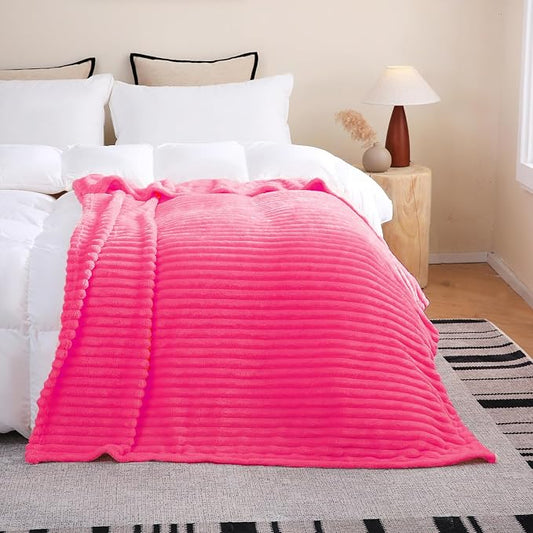 Hot Pink Fleece Throw Blanket 60”×80” for Couch Sofa Livingroom | Super Soft Cozy Plush Microfiber Flannel Bed Blanket Striped Design Lightweight Home Decor Gifts for Adults Mom Women
