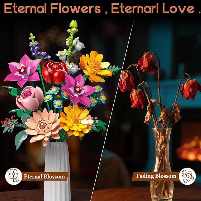 Flowers Bouquet Building Set, 891 PCS Artificial Wildflower Botanical Collection Kit for Women Kids Girls, Home Office Decor Gift for Mother's Day/Valentine's/Christmas