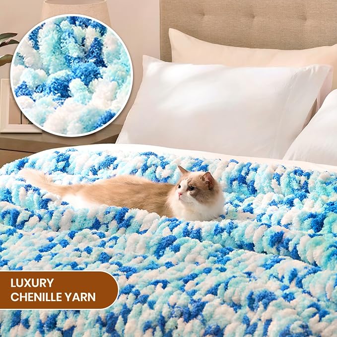L'AGRATY Chunky Knit Throw Blanket for Couch, 60 x 80 Inches, Blue White | Handmade Chenille Crochet Blanket for Sofa Bed, Thick Cable Knitted Blankets for Room Home Decor, Birthday Gift for Women Mom