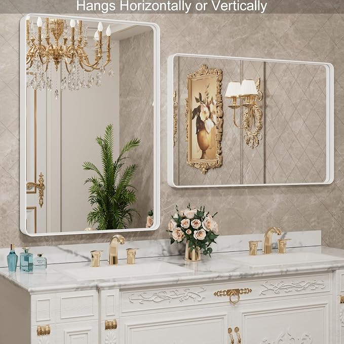 LOAAO White Metal Framed Bathroom Mirror, 40x30 Inch | Rounded Rectangle, Anti-Rust, Tempered Glass, Hangs Horizontally or Vertically