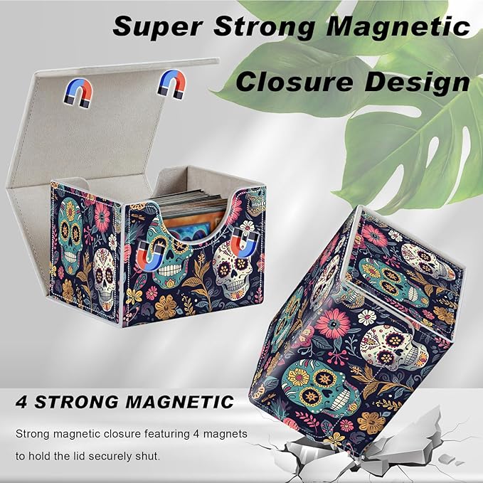DEGDFSGR for TCG MTG Card Game Storage Box Organizer Trading Card Case Commander Deck Box Magnetic Closure Creative Pattern Up to 200 Cards, Sugar Skull Pattern