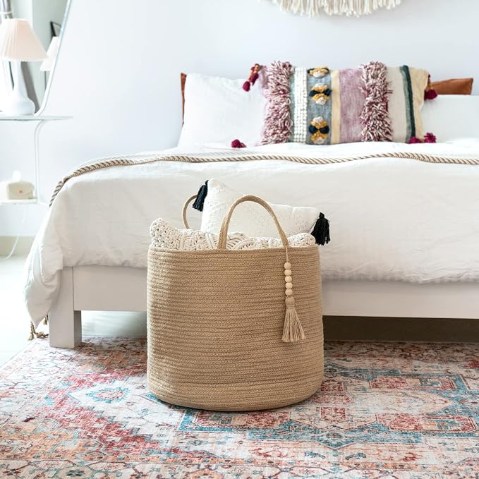 Mkono Woven Storage Basket for Blanket, Toys Plant Organizer, 16"W x 13.8"L | Brown, Jute, Decorative Basket with Handle, Wood Beads Tassel, Shoes Towel Clothes Storage Bin, Living Room Bedroom Nursery
