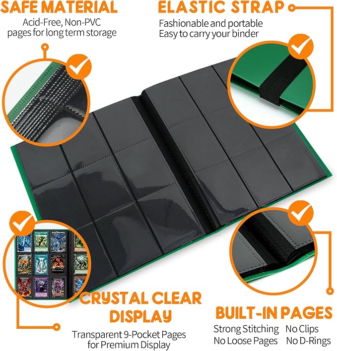 Trading Card Binder 9 Pocket, 360 Card Waterproof Folder with Side Loading Sleeves, Sturdy Card Collection Album for MTG, TCG, Game Cards & Sports Cards, Dark Green