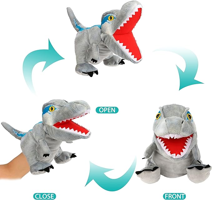 Cuteoy Plush Velociraptor Hand Puppet Stuffed Animal Toy Open Movable Mouth Creative Role Play Storytelling Dinosaur Plushies Gifts for Kids Toddlers Birthday Christmas