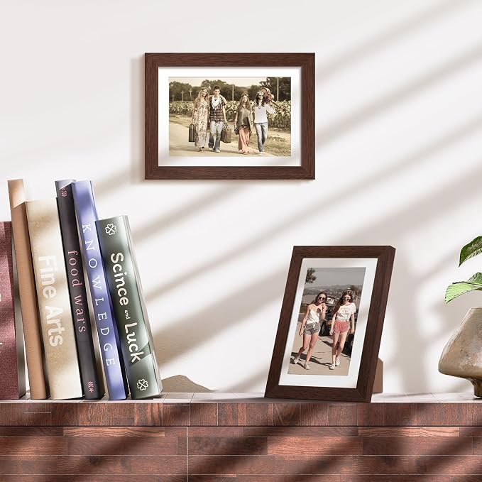 upsimples 5x7 Picture Frame, Display Pictures 4x6 with Mat or 5 x 7 Without, Wall Hanging Photo Frames, Brown, 1 Pack
