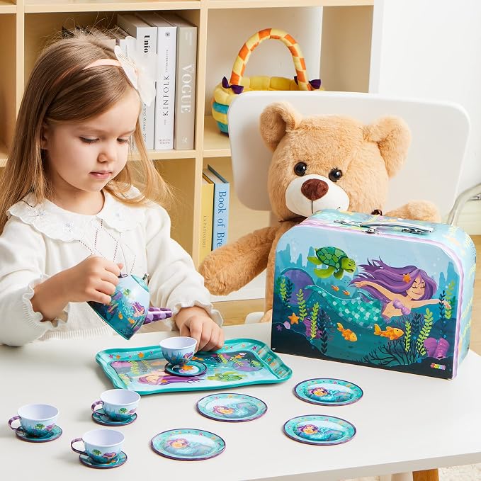 JOYIN Mermaid Tea Party Set for Little Girls, Pretend Tin Teapot Set, Princess Tea Time Play Kitchen Toy with Teapot, Cups, Plates, Carrying Case for Easter Birthday Gifts Kids Toddlers Age 3 4 5 6