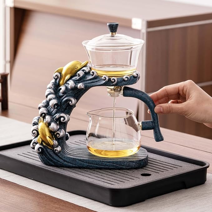 Zurucily Glass Teapot Set with Infuser Semi Automatic Tea Set Magic Teapot (Dolphins)