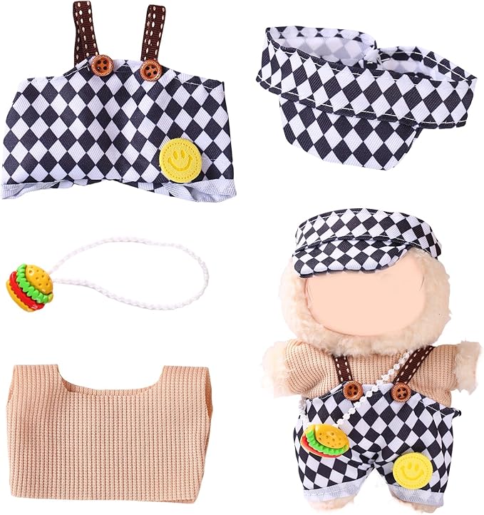 17cm Doll Clothes Set (No Doll) – Outfit with Hat & Overalls, Handmade Accessories for Mini Dolls, OB11-Compatible Dress-Up Gift (Checkered Flag)