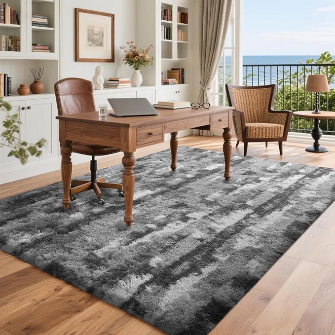 4x6 Feet Area Rugs for Bedroom, Grey and White Plush Fluffy Shaggy Living Room Rugs Non-Slip, Ultra Soft Carpet for Nursery Kids PlayRoom Dorm Office Indoor