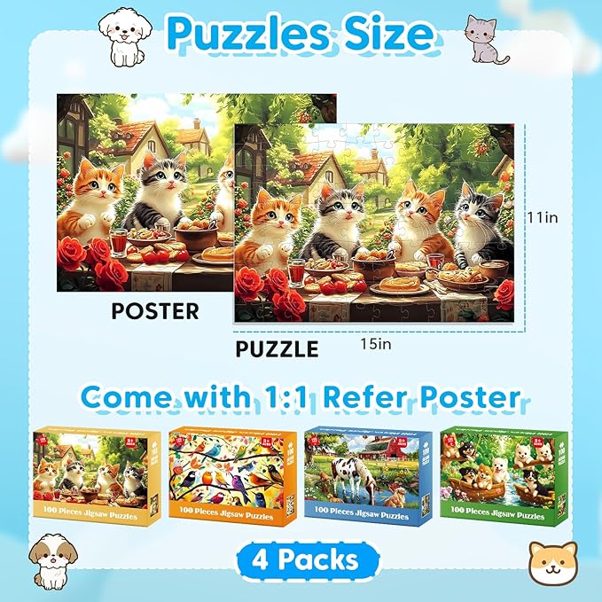 4 Packs 100 Piece Puzzles for Kids Ages 4-6 6-8 8-10, Dogs Cats Farms Birds Educational Jigsaw Puzzles, Kids Puzzles 5-8 Gifts for Girls Boys Adults Seniors 15x11in