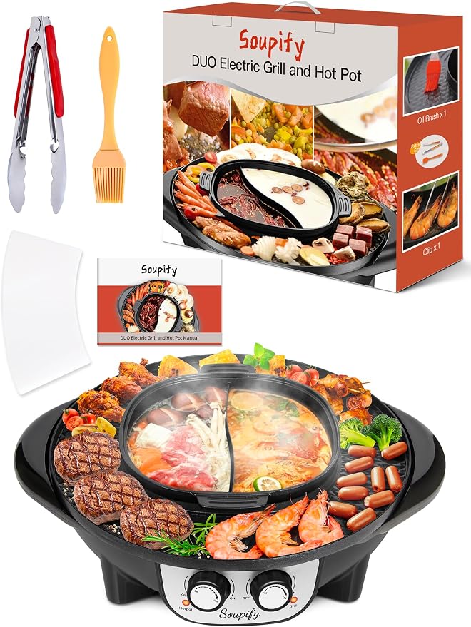 2 in 1 Hot Pot with Grill, Electric Korean BBQ Grill, Independent Dual Temperature Control & Non-stick Pan, Multi-function Smokeless Barbecue Grill for Family and Friends Gathering