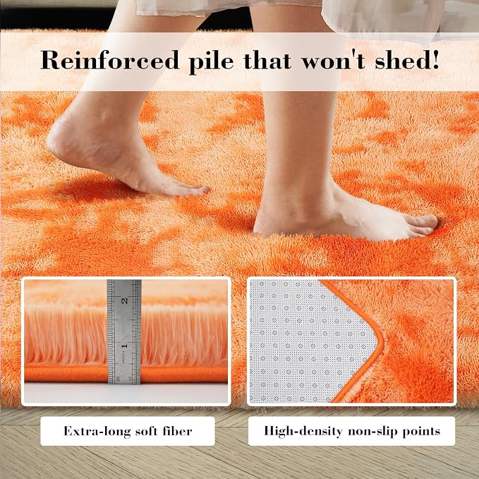 Mottling Orange Fluffy Rug Shag Area Rug, 3x5 Area Rugs for Girls Bedroom, Soft Play Mat, Indoor Floor Carpet for Teen, Preppy Dorm, Plush Aesthetic Bedside Rug