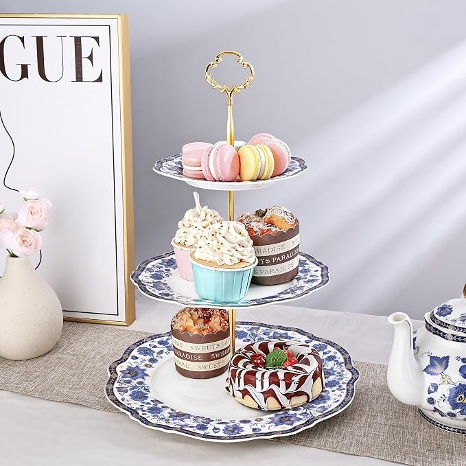 fanquare 3-Tier Blue British Porcelain Cupcake Stand, Elegant Floral Fruit Plate with Gold Trim, Dessert Stand for Birthday, Wedding, Tea Party