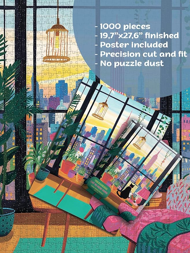 Puzzle for Adults 1000 Pieces, Cat in New York, Colorful Challenging Jigsaw Puzzle, Mate Finish, Poster Included 1000 Piece Puzzle for Adults, Stress Relief Art Puzzle.