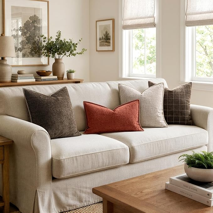 MIULEE Decorative Lumbar Throw Pillow Covers 12x20 Inch Brown 2 Pack | Farmhouse Pillow Covers with Stitched Edge, Soft Chenille Cushion Cases, for Couch Sofa Bed Living Room Home Decor