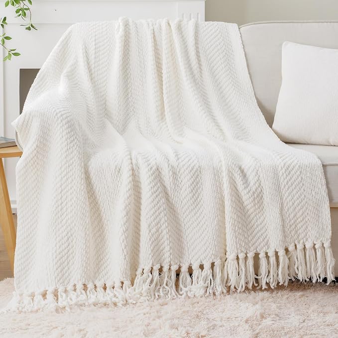 BATTILO HOME Cream Throw Blanket for Couch, Knit Throw Blanket, 50"x60" | Ivory Throw Blanket for Bed, Warm Decorative White Blanket Throw for Home Decor